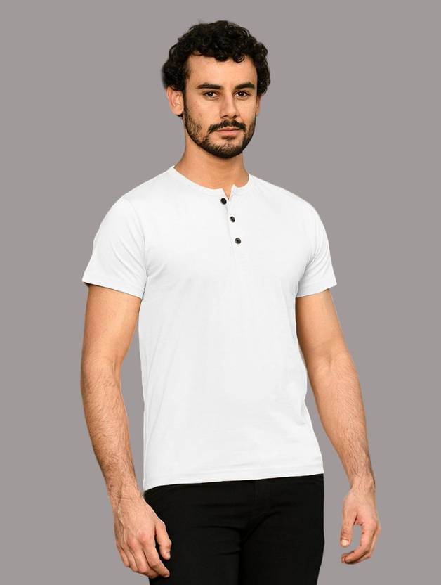 Blisstone Men Solid Henley Neck Cotton Blend White T-Shirt