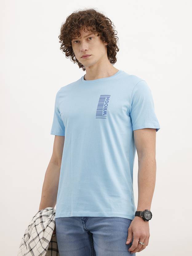 WROGN Men Solid Round Neck Cotton Blend Light Blue T-Shirt