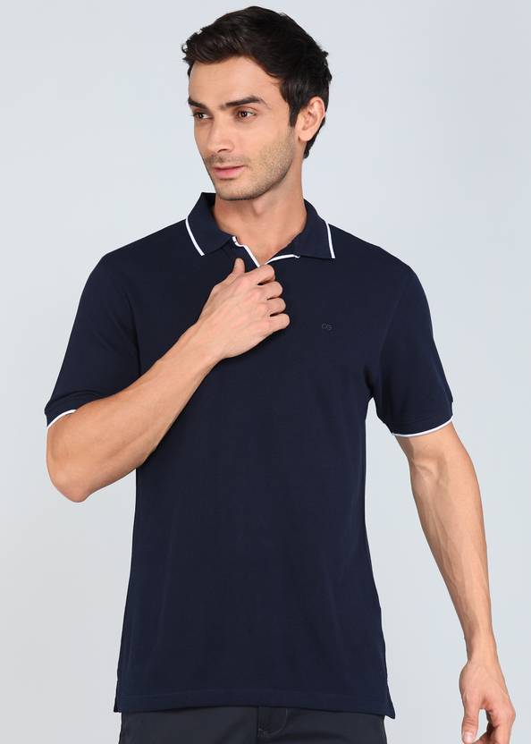 PETER ENGLAND Men Embroidered Polo Neck Organic Cotton Blue T-Shirt