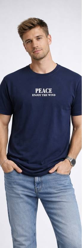 Austin mark Men Typography, Graphic Print Round Neck Cotton Blend Blue T-Shirt