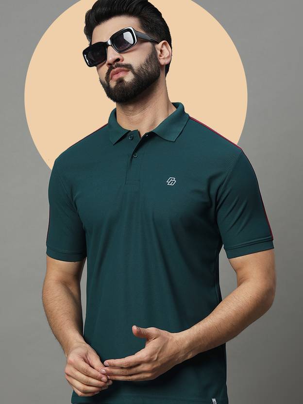 RENUOVO Men Solid Polo Neck Cotton Blend Dark Green T-Shirt