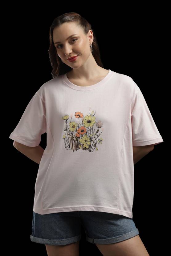 Outlaws Women Floral Print Round Neck Pure Cotton Pink T-Shirt
