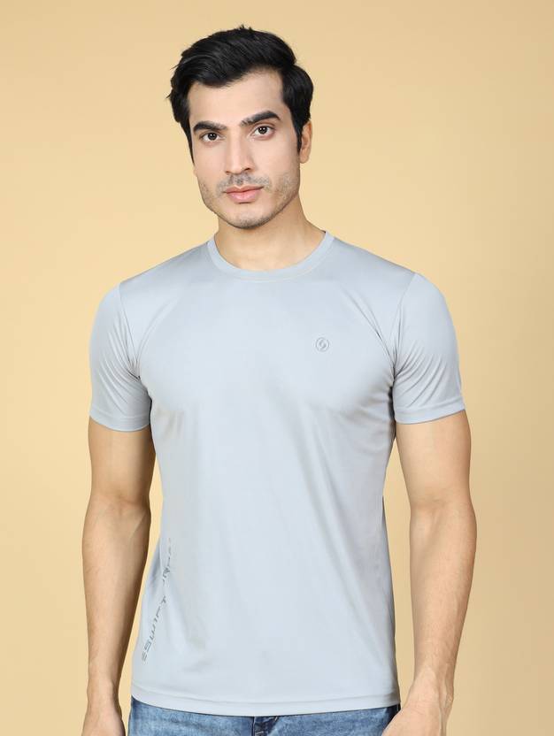 SUPERSQUAD Men Solid Round Neck Polyester Grey T-Shirt