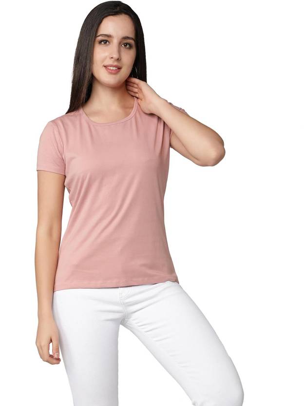 Club A9 Women Solid Round Neck Organic Cotton Pink T-Shirt