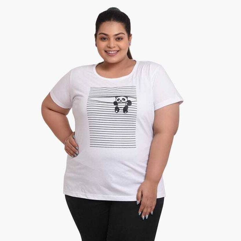 ANUBHAVGARMENT Striped, Graphic Print Women Round Neck White T-Shirt
