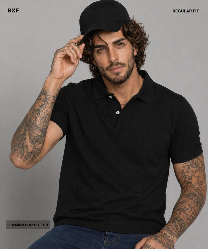 BXF Men Solid Polo Neck Polycotton Black T-Shirt