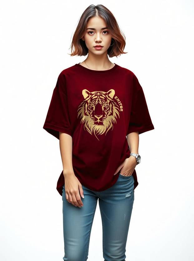 Ashkart Women Typography Round Neck Cotton Blend Maroon T-Shirt