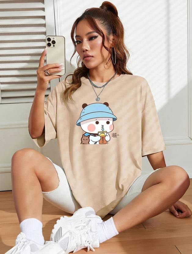Adam White Printed Women Round Neck Beige T-Shirt
