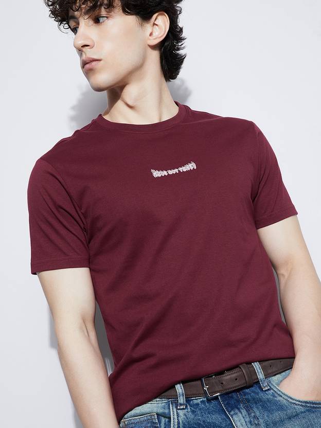 Forca by Lifestyle Men Printed Crew Neck Cotton Blend Maroon T-Shirt