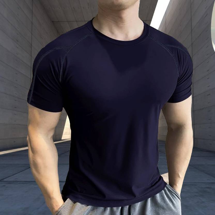 BELACHY Men Solid Round Neck Polyester Dark Blue T-Shirt