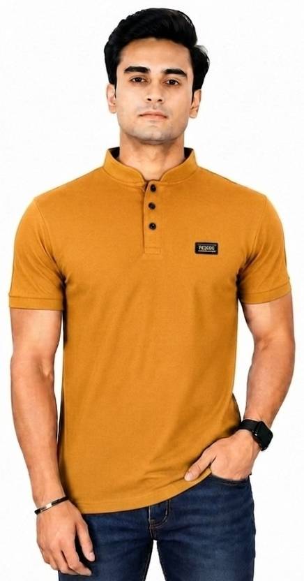 ATXP Men Solid Mandarin Collar Cotton Blend Orange T-Shirt