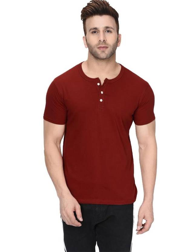 London Hills Men Solid Henley Neck Cotton Blend Maroon T-Shirt