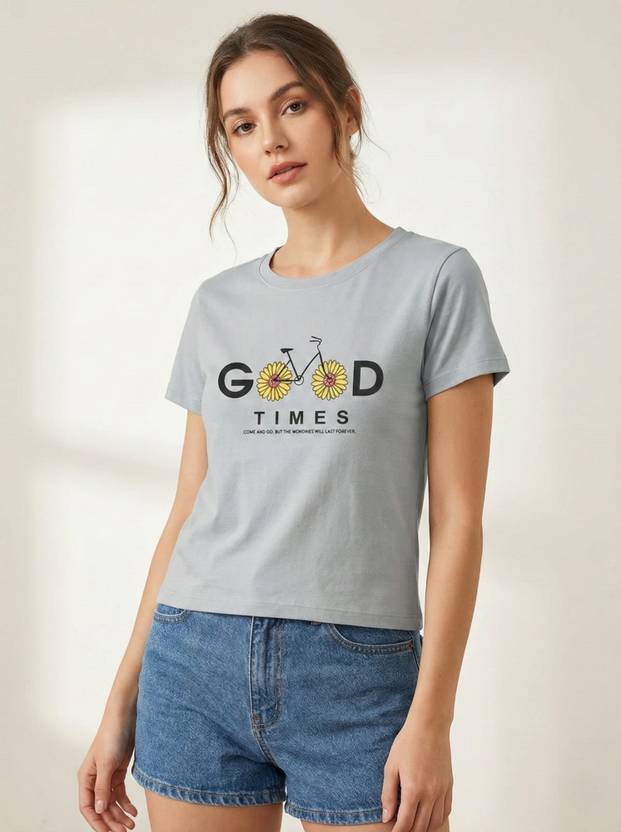 WINEBERRY Women Graphic Print, Typography Round Neck Cotton Blend Light Blue T-Shirt