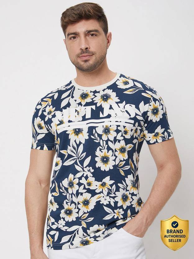 MUFTI Floral Print Men Crew Neck Navy Blue T-Shirt