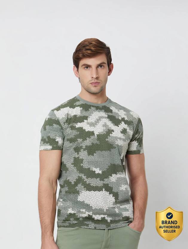 MUFTI Men Military Camouflage Crew Neck Pure Cotton Green T-Shirt