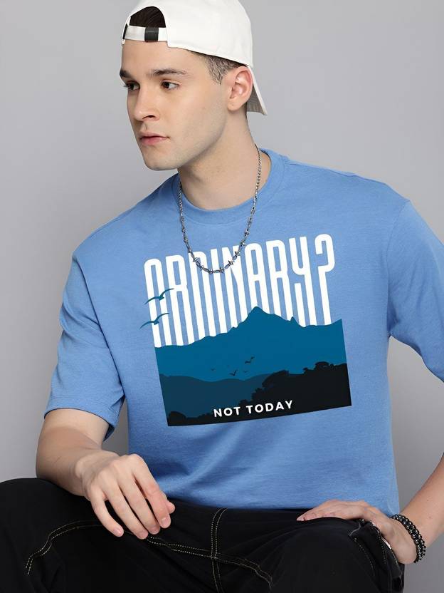 R.Code by The Roadster Life Co. Men Graphic Print Round Neck Cotton Blend Blue T-Shirt