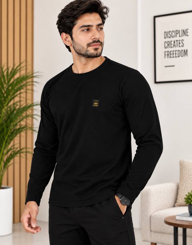 Leemak Men Self Design Round Neck Polycotton Black T-Shirt