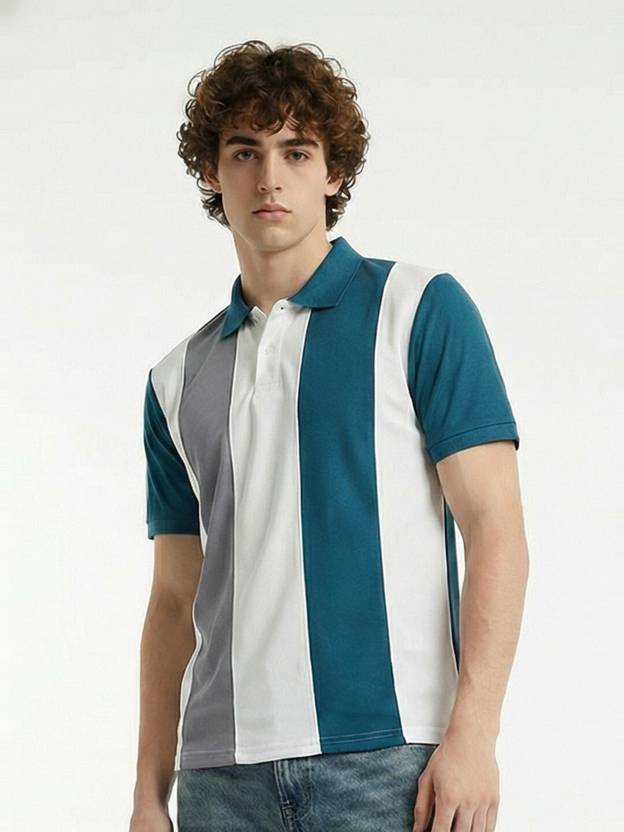 JFR Men Colorblock Polo Neck Polyester Dark Blue T-Shirt