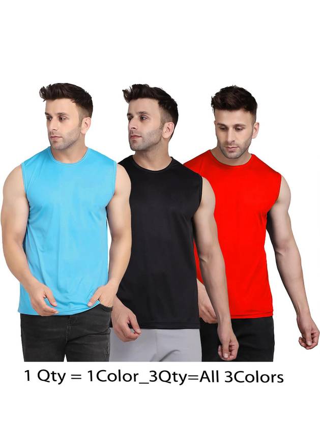 UDI n ADI Men Solid Round Neck Polyester Light Blue, Black, Red T-Shirt