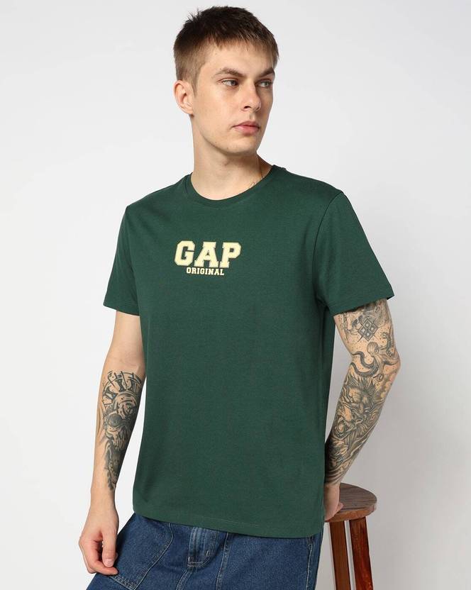 GAP Men Printed Crew Neck Pure Cotton Dark Green T-Shirt