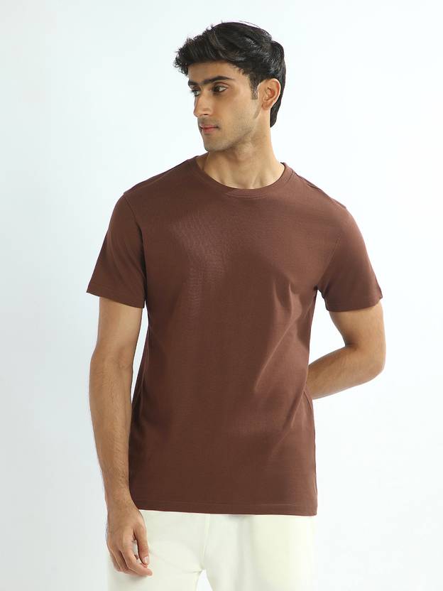 NOBERO Solid Men Round Neck Brown T-Shirt