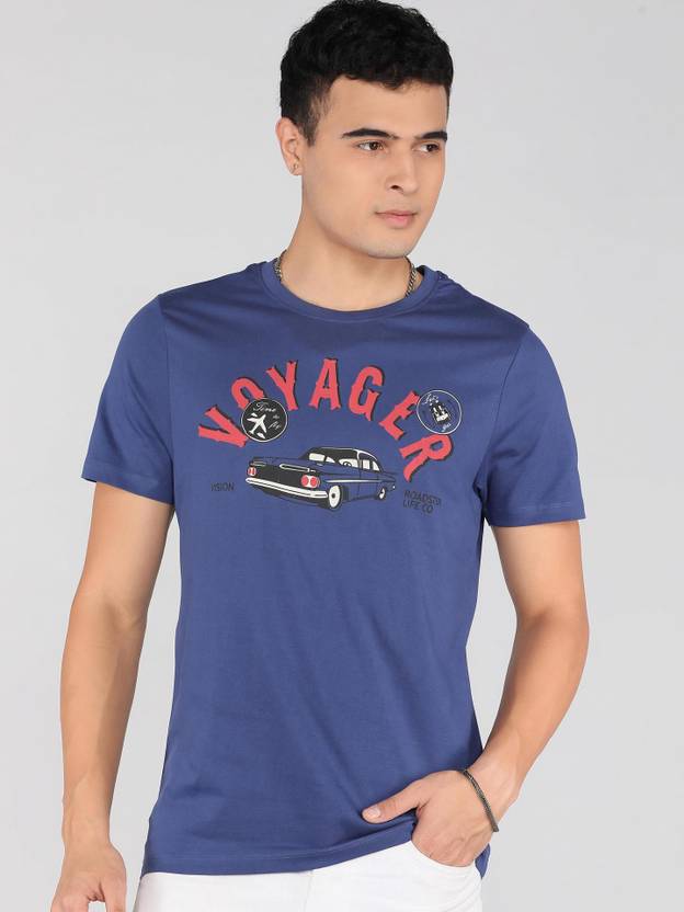 Roadster Men Graphic Print Round Neck Pure Cotton Blue T-Shirt