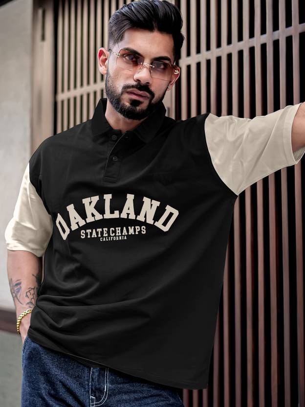 MANIAC Men Printed Polo Neck Pure Cotton Black T-Shirt