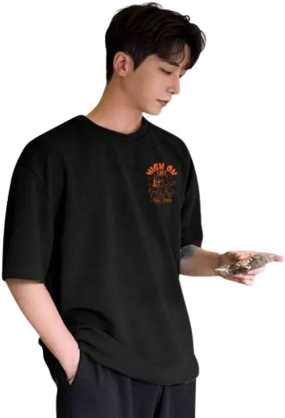 MUUNKEY Men Printed Round Neck Pure Cotton Black T-Shirt