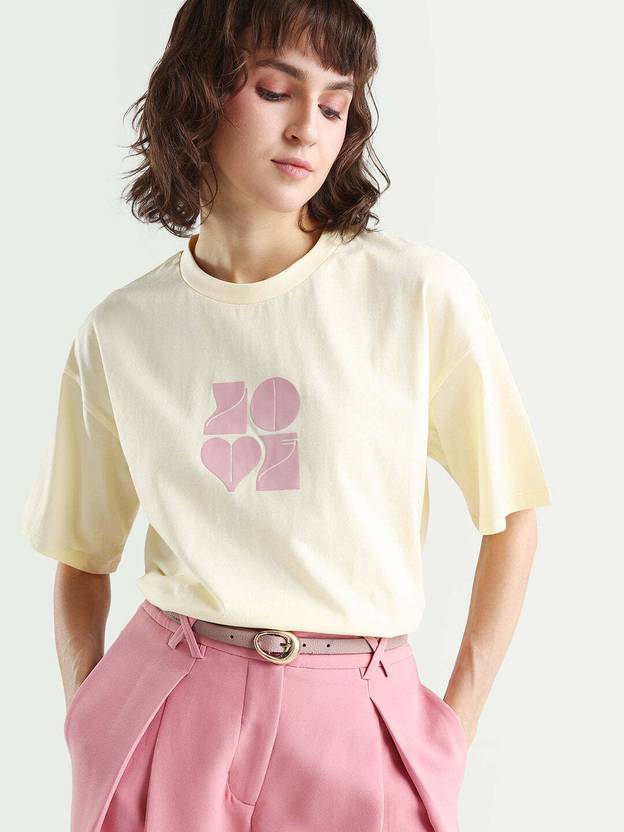 RAREISM Women Printed Crew Neck Cotton Blend Yellow T-Shirt