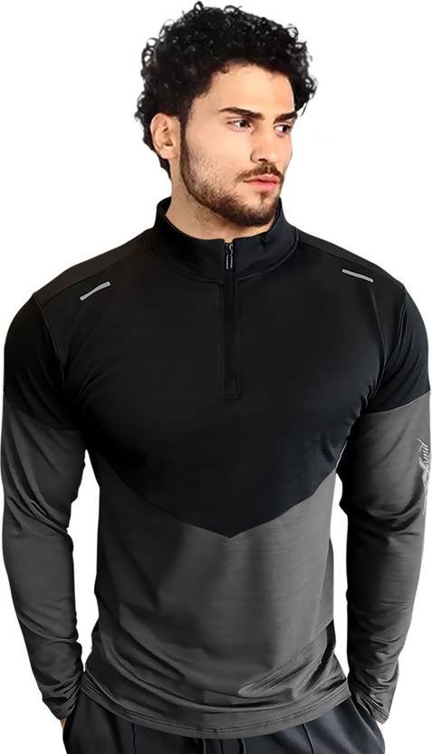 GGARBLY Men Solid High Neck Polyester Grey T-Shirt