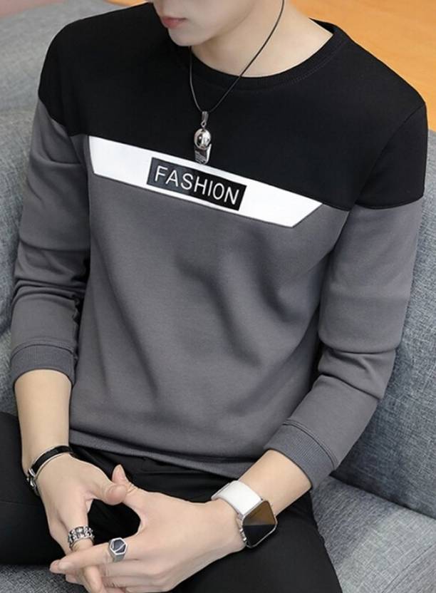 Men Colorblock Round Neck Cotton Blend Grey T-Shirt
