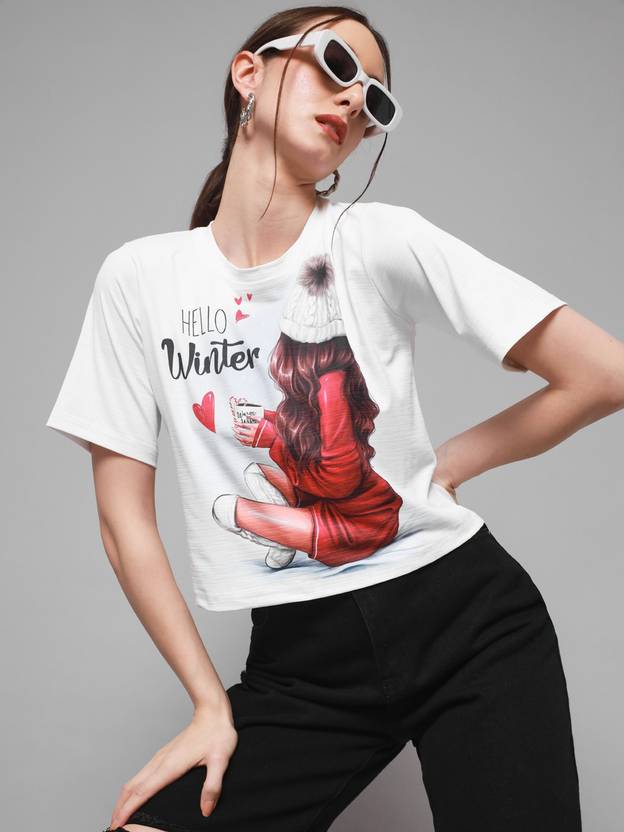 ADDYVERO Women Printed Round Neck Polycotton White T-Shirt