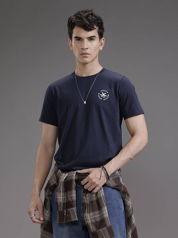 WROGN Solid Men Round Neck Blue T-Shirt