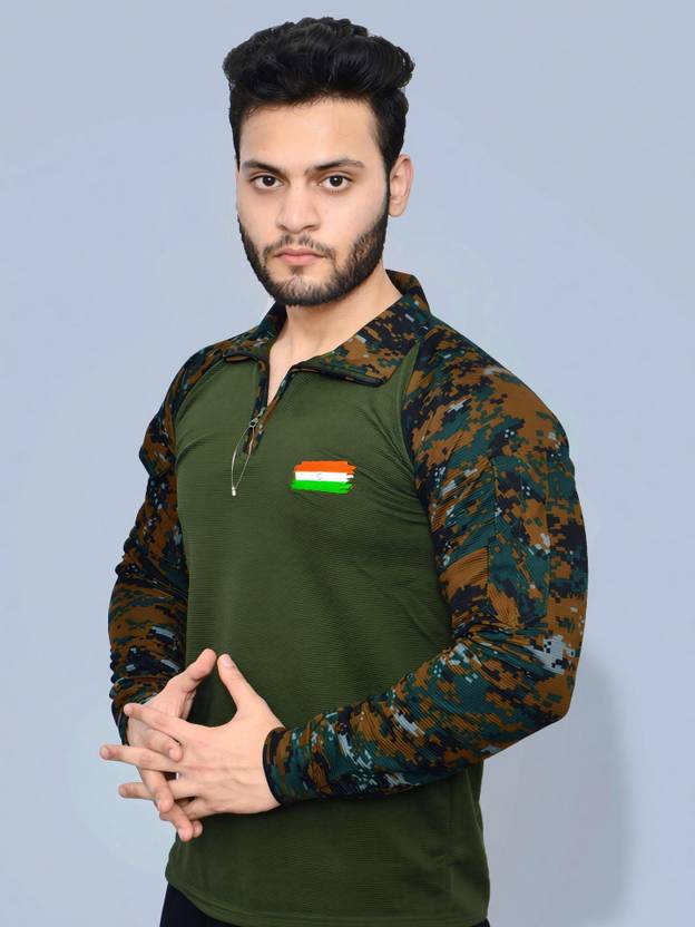 AZYXREN Men Military Camouflage Polo Neck Cotton Blend Multicolor T-Shirt