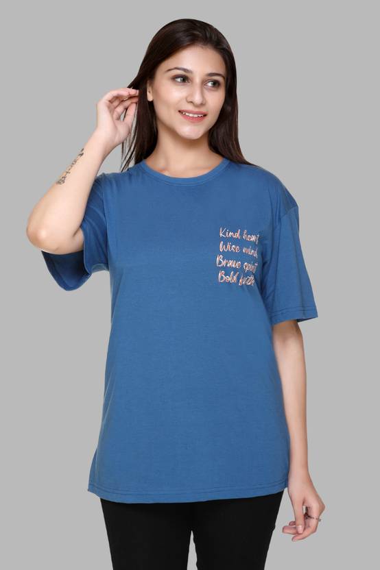 PLUSH PUSH THE FASHION Women Printed Round Neck Cotton Blend Light Blue T-Shirt