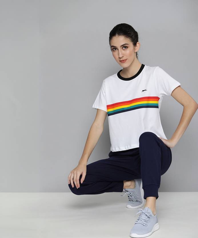 SLAZENGER Women Striped Round Neck Polyester White T-Shirt