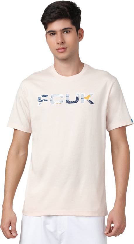 FCUK Men Printed Crew Neck Pure Cotton Silver T-Shirt
