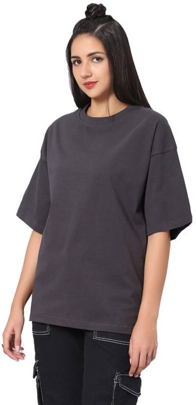 Besick Women Solid Round Neck Pure Cotton Grey T-Shirt