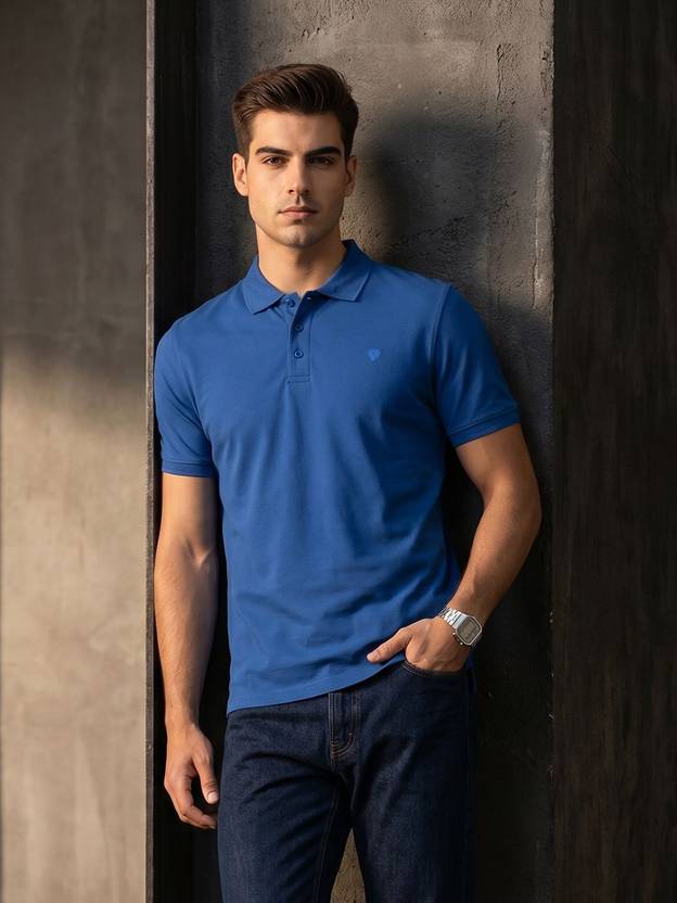INVICTUS Men Solid Polo Neck Pure Cotton Blue T-Shirt