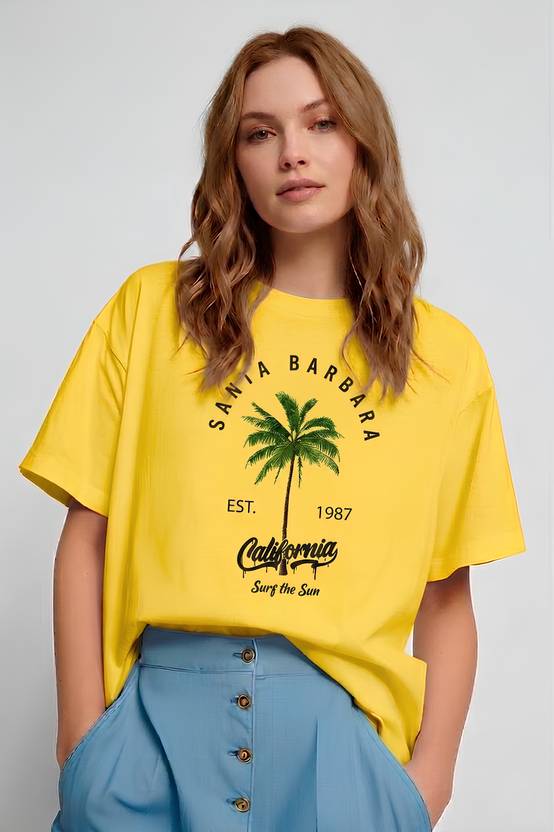 Smartees Women Printed Round Neck Pure Cotton Yellow T-Shirt