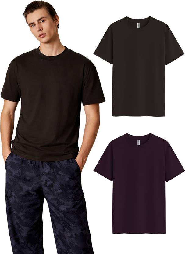 Sleepynuts Pack of 2 Men Solid Round Neck Cotton Blend Maroon, Brown T-Shirt
