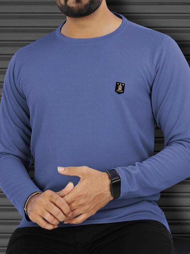 VeBNoR Men Solid Round Neck Polyester Blue T-Shirt