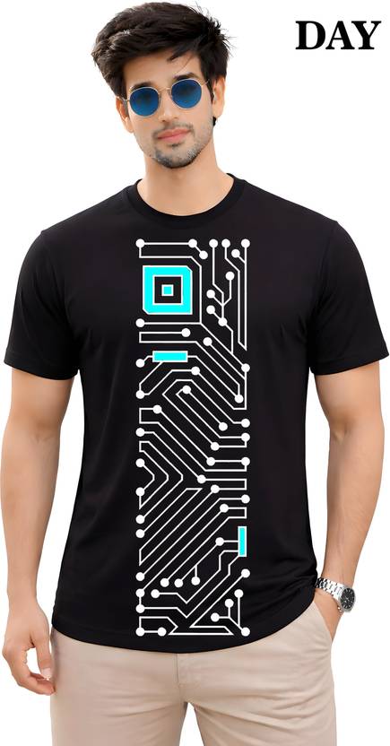 RARE SHADO Men Printed Round Neck Pure Cotton Black T-Shirt