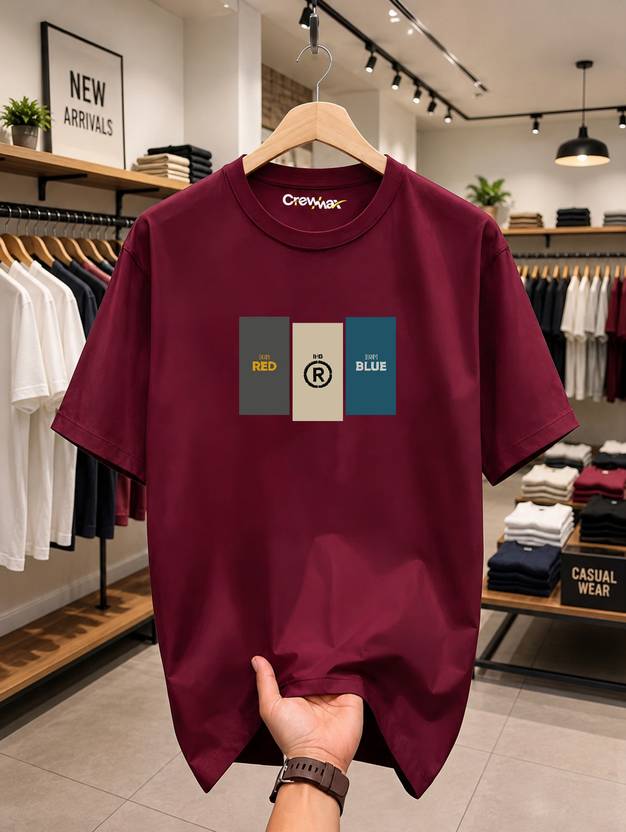 crewmax Men Graphic Print Round Neck Pure Cotton Maroon T-Shirt