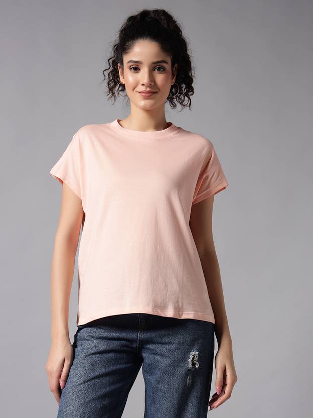 CHEMISTRY Women Solid Round Neck Pure Cotton Beige T-Shirt
