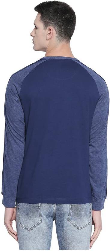 BASICS Solid Men Crew Neck Blue T-Shirt