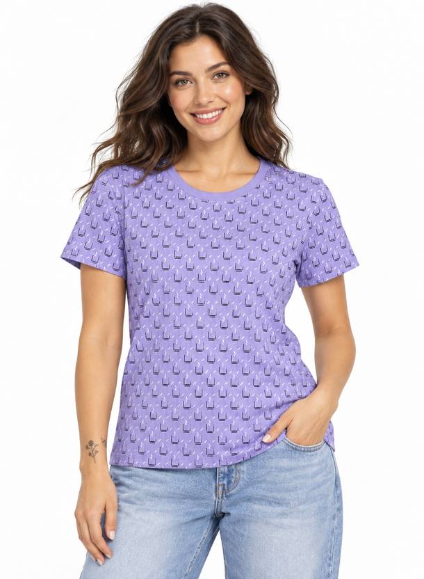 BNT Women Printed Round Neck Pure Cotton Purple T-Shirt