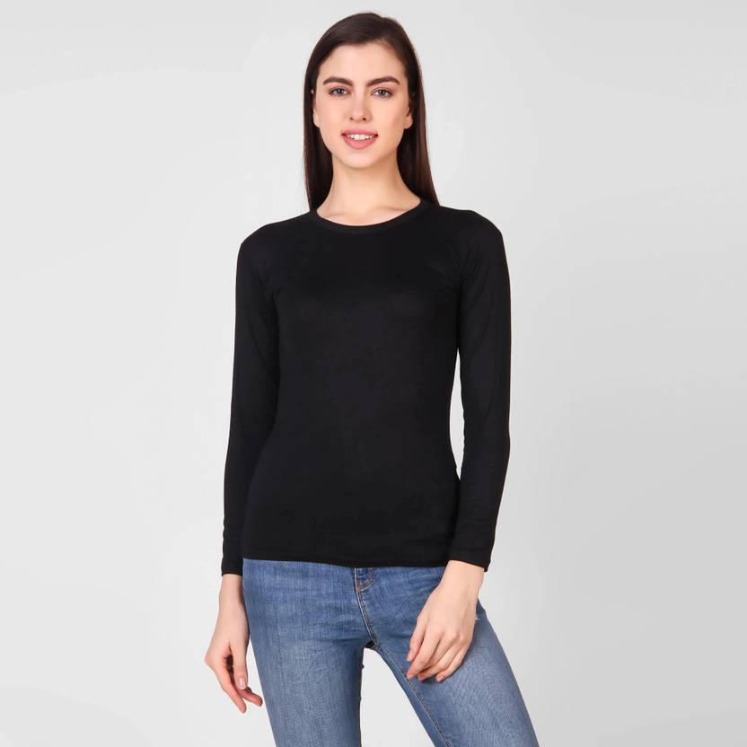 69 FASHION STREET Women Solid Round Neck Cotton Blend Black T-Shirt