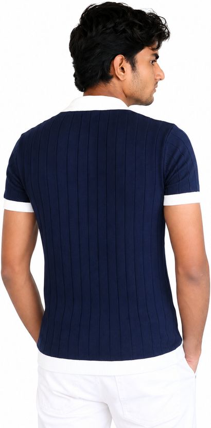 Doppey Men Navy Blue Polo Neck Pure Cotton - Image 5
