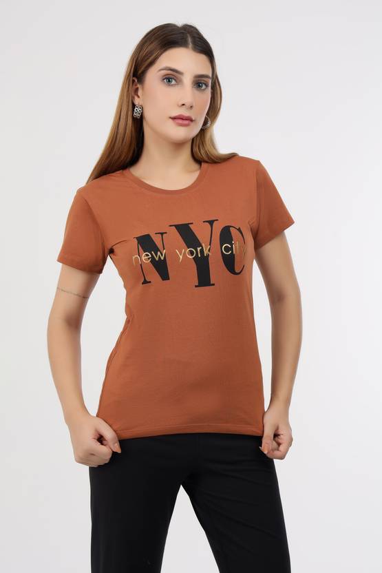 WINEBERRY Women Printed Round Neck Cotton Blend Brown T-Shirt